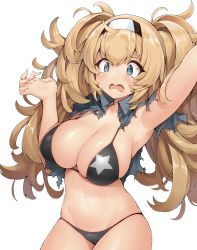 Rule 34 | 1girl, bikini, black bikini, blonde hair, blue eyes, blush, breasts, cleavage, commentary request, gambier bay (kancolle), groin, hair between eyes, hairband, halterneck, highres, kantai collection, large breasts, long hair, messy hair, navel, open mouth, shirt, siesta (artist), simple background, skindentation, solo, string bikini, swimsuit, tearing up, tears, thick eyebrows, torn clothes, torn shirt, twintails, white background