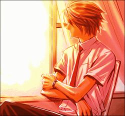 Rule 34 | 00s, 1boy, arm rest, bracelet, brown pants, chair, collared shirt, curtains, day, hair over eyes, indoors, jewelry, koizumi itsuki, looking away, looking to the side, male focus, necktie, non-web source, open window, orange hair, pants, red necktie, shirt, short sleeves, sitting, solo, sunlight, suzumiya haruhi no yuuutsu, window, wing collar