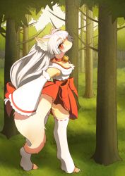 Rule 34 | 1girl, forest, fox, furry, furry female, japanese clothes, long hair, miko, nature, red eyes, solo, unousaya, white hair