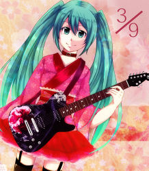 Rule 34 | 1girl, 32, bad id, bad pixiv id, choker, dated, garter straps, green eyes, green hair, guitar, hatsune miku, instrument, japanese clothes, long hair, matching hair/eyes, skirt, smile, solo, thighhighs, twintails, very long hair, vocaloid
