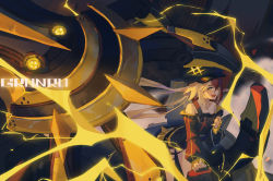 Rule 34 | 1girl, absurdres, alchemy stars, armor, bare shoulders, black hat, black jacket, blonde hair, breastplate, character name, collar, electricity, fang, gronru (alchemy stars), hat, highres, jacket, li-mi, long hair, long sleeves, looking at viewer, mechanical arms, multicolored hair, off shoulder, open mouth, red hair, skin fang, smile, solo, two-tone hair