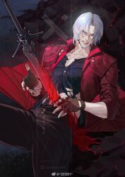 Rule 34 | 1boy, black gloves, bleeding, blood, blood on clothes, blood on face, blue eyes, coat, dante (devil may cry), devil may cry (series), devil may cry 5, fingerless gloves, gloves, highres, holding, injury, long hair, looking at viewer, male focus, rebellion (sword), red coat, sebby1725, smile, solo, sword, torn clothes, weapon, white hair