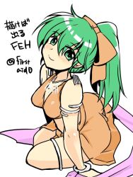 Rule 34 | 1girl, armband, bare shoulders, blush, bow, bracelet, breasts, dancer, detached sleeves, earrings, fire emblem, fire emblem: genealogy of the holy war, fire emblem heroes, green eyes, green hair, hair bow, jewelry, lene (fire emblem), long hair, looking at viewer, medium breasts, midriff, nintendo, on ground, pelvic curtain, simple background, smile, solo, thigh strap, thighlet, twitter username, white background, yukia (firstaid0)