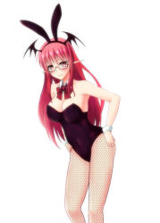Rule 34 | 1girl, animal ears, arched back, black leotard, blush, breasts, cleavage, demon wings, detached collar, fake animal ears, fishnet pantyhose, fishnets, hand on own hip, head wings, hip focus, koakuma, large breasts, leaning forward, leotard, long hair, looking at viewer, navel, pantyhose, playboy bunny, pointy ears, red hair, sidelocks, simple background, smile, solo, touhou, unmoving pattern, white background, wings, wrist cuffs, yumi (careca398)