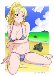 Rule 34 | 10s, 1girl, ayase eli, baba arumi, barefoot, beach, bikini, blonde hair, blue eyes, breasts, cleavage, full body, large breasts, long hair, looking at viewer, love live!, love live! school idol project, navel, ocean, outdoors, ponytail, sitting, smile, solo, swimsuit, wariza