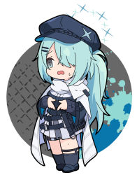 Rule 34 | 1girl, black footwear, black hat, black shirt, blue archive, blue eyes, blue hair, boots, breasts, cabbie hat, chibi, commentary request, full body, halo, hat, hiyori (blue archive), long hair, long sleeves, looking away, medium breasts, nyaru (nyaru 4126), open mouth, pleated skirt, ponytail, shirt, skirt, sleeves past wrists, solo, standing, sweat, very long hair, wavy mouth, white skirt