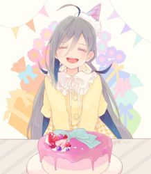 Rule 34 | 1girl, ahoge, alternate costume, birthday cake, blue hair, cake, closed eyes, colis, food, grey hair, hat, kantai collection, kiyoshimo (kancolle), long hair, long sleeves, low twintails, multicolored hair, open mouth, party hat, plaid, plaid skirt, purple hat, shirt, skirt, smile, solo, twintails, twitter username, yellow shirt, yellow skirt
