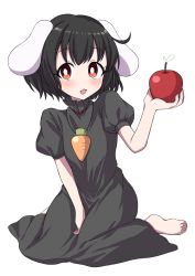 Rule 34 | 1girl, :3, alternate color, animal ears, apple, arm up, barefoot, between legs, black hair, blush, bright pupils, carrot necklace, commentary request, fang, food, fruit, hand between legs, high collar, highres, holding, holding food, holding fruit, inaba tewi, jewelry, looking at viewer, necklace, open mouth, puffy short sleeves, puffy sleeves, rabbit ears, red eyes, short hair, short sleeves, simple background, sitting, solo, touhou, tsukimirin, wariza, white background, white pupils
