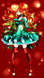 Rule 34 | 1girl, christmas, dress, earrings, elbow gloves, fingerless gloves, frills, gloves, gradient hair, green eyes, green skirt, hair ornament, hands on own chest, highres, jewelry, kmikan, long hair, multicolored hair, orange hair, original, red thighhighs, skirt, solo, standing, star (symbol), thighhighs, twintails, very long hair