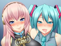 Rule 34 | 2girls, aqua eyes, blue eyes, blush, breasts, gradient background, hatsune miku, long hair, looking at viewer, megurine luka, miyamaya, multiple girls, pink hair, saliva, simple background, source request, tongue, tongue out, twintails, vocaloid