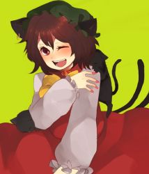Rule 34 | 0123nao, 1girl, :d, animal ears, bad id, bad pixiv id, brown eyes, brown hair, cat, cat ears, cat tail, chen, earrings, female focus, hat, jewelry, multiple tails, nail polish, naoko (juvenile), one eye closed, open mouth, short hair, simple background, smile, solo, tail, touhou
