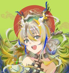 Rule 34 | 1girl, :d, arknights, bare shoulders, blonde hair, blue hair, blue horns, chinese commentary, colored skin, commentary request, dragon girl, dragon horns, earrings, eyes visible through hair, floating hair, green background, green eyes, green hair, grey eyes, grey hair, hair between eyes, hair intakes, hand in own hair, hand up, highres, horns, jewelry, lang097532 (clanking), long hair, long sleeves, looking at viewer, multicolored hair, necklace, open mouth, pointy ears, portrait, shu (arknights), smile, solo, teeth, upper teeth only, white horns, yellow horns