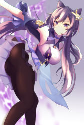 Rule 34 | 1girl, absurdres, artist request, ass, bare shoulders, blush, breasts, detached sleeves, dress, genshin impact, hair ornament, hairpin, highres, keqing (genshin impact), leaning, leaning forward, long hair, looking back, pantyhose, purple eyes, purple hair, shiny clothes, shiny skin, short dress, skirt, solo, sword, twintails, very long hair, weapon