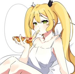 Rule 34 | 1girl, alternate costume, blonde hair, camisole, collarbone, dokibird (vtuber), eating, food, green eyes, highres, holding, holding food, holding pizza, indie virtual youtuber, long hair, looking at viewer, pizza, pizza slice, simple background, sitting, solo, twintails, upper body, white background, white camisole, xinchi