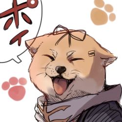 Rule 34 | animal focus, animalization, bow, cosplay, dog, dyson (edaokunnsaikouya), closed eyes, fangs, hair bow, kantai collection, no humans, paw print, shiba inu, simple background, translation request, whiskers, yuudachi (kancolle) (cosplay), yuudachi (kancolle)