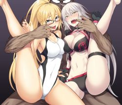 Rule 34 | 1boy, 2girls, bikini, black bikini, blonde hair, breasts, bulge, competition swimsuit, erection, erection under clothes, fate/grand order, fate (series), flame print, force, forced, glasses, gloves, glowing glasses, held down, highres, ijima yuu, jeanne d&#039;arc alter (swimsuit berserker) (fate), jeanne d&#039;arc (fate), jeanne d&#039;arc (swimsuit archer) (fate), jeanne d&#039;arc (swimsuit archer) (second ascension) (fate), jeanne d&#039;arc alter (fate), jeanne d&#039;arc alter (swimsuit berserker) (fate), large breasts, leg up, long hair, looking at viewer, multiple girls, one-piece swimsuit, opaque glasses, open mouth, restrained, simple background, smile, spread legs, swimsuit, thigh strap, thighhighs, white hair