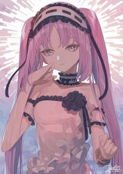 Rule 34 | 1girl, arm cuffs, asymmetrical clothes, bare shoulders, bracelet, choker, cropped torso, dress, fate (series), frilled choker, frilled headwear, frills, grey eyes, headdress, highres, jewelry, looking at viewer, nao (syn eaa), necklace, pink hair, ring, stheno (fate), twintails
