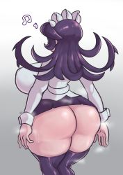 Rule 34 | 1girl, absurdres, ass, back, backboob, breasts, clothes, dedalo, female focus, filia (skullgirls), gradient background, highres, large breasts, long hair, looking back, musical note, purple hair, purple thighhighs, skullgirls, solo, sweat, thighhighs