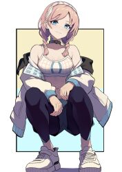 Rule 34 | 1girl, absurdres, arknights, bare shoulders, black pants, blue eyes, blue poison (arknights), blue poison (shoal beat) (arknights), breasts, choker, cleavage, commentary, crop top, hairband, highres, jacket, leggings, long hair, long sleeves, looking at viewer, medium breasts, midriff, navel, off shoulder, official alternate costume, open clothes, open jacket, pants, pink hair, shoes, smile, sneakers, solo, spaghetti strap, sports bra, squatting, stomach, white footwear, white jacket, yan kodiac