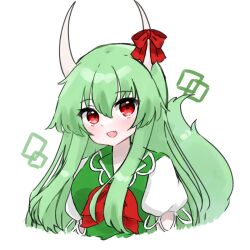 Rule 34 | 1girl, bow, commentary, cropped torso, ex-keine, fang, green hair, highres, horn bow, horn ornament, horns, kamishirasawa keine, koharu66353343, long hair, neckerchief, open mouth, red bow, red eyes, red neckerchief, short sleeves, sidelocks, solo, tail, touhou, upper body, white background