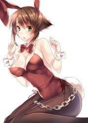 Rule 34 | 10s, 1girl, amane ruri, animal ears, bad id, bad pixiv id, blush, bow, bowtie, breasts, brown hair, chain, cleavage, detached collar, fake animal ears, green eyes, hands up, kantai collection, large breasts, leotard, mutsu (kancolle), open mouth, pantyhose, playboy bunny, rabbit ears, rabbit tail, short hair, simple background, solo, tail, type (artist), white background, wrist cuffs