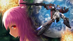 Rule 34 | 1girl, bettle (b s a n), clenched hand, explosion, gun, gundam, highres, himekuma ribon, holding, holding gun, holding weapon, mecha, pink hair, planet, re:act, red eyes, robot, smile, space, virtual youtuber, weapon, zeta gundam, zeta gundam (mobile suit)