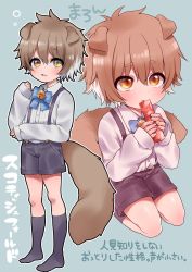 Rule 34 | 1boy, :3, animal ears, bell, brown eyes, brown hair, cat boy, cat ears, cat tail, highres, male focus, multicolored hair, multiple views, open mouth, original, shirt, shorts, sleeves past wrists, suspenders, tail, two-tone hair, usagigenki, white hair, white shirt