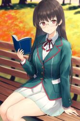 Rule 34 | 1girl, adapted costume, aqua jacket, autumn, autumn leaves, bench, black hair, blazer, blush, book, buttons, choukai (kancolle), closed mouth, collared shirt, day, glasses, highres, holding, holding book, jacket, kantai collection, kotou yogen, long hair, long sleeves, looking at viewer, on bench, outdoors, pleated skirt, red eyes, rimless eyewear, shirt, sitting, skirt, smile, solo, white shirt, white skirt