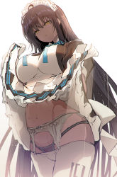 Rule 34 | ahoge, apron, black hair, black panties, blue archive, blue bow, blue bowtie, bow, bowtie, clothes lift, clothes pull, dark-skinned female, dark skin, frilled hairband, frilled skirt, frills, garter belt, gloves, hair between eyes, hairband, highres, karin (blue archive), lace, lace-trimmed panties, lace trim, lifted by self, long hair, looking at viewer, maid, navel, panties, pantyhose, pantyhose pull, satou daiji, short sleeves, sidelocks, simple background, skirt, skirt lift, solo, sweat, underwear, very long hair, white apron, white background, white gloves, white pantyhose, yellow eyes