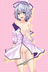 Rule 34 | 1girl, bad id, bad pixiv id, blue eyes, bottomless, breasts, censored, collarbone, fang, female focus, hat, merlin prismriver, mongol 3ch, navel, nipples, no bra, off shoulder, open clothes, panties, panty pull, pointless censoring, pussy, short hair, silver hair, small breasts, smile, solo, takiteru, thigh gap, thighs, touhou, underwear, undressing