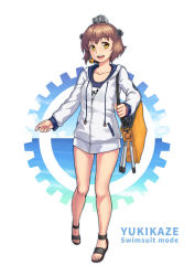 Rule 34 | 1girl, bag, blue one-piece swimsuit, brown eyes, brown hair, character name, full body, highres, horizon, jacket, kantai collection, looking at viewer, maakun (makun dx), name tag, ocean, one-piece swimsuit, open mouth, sandals, school swimsuit, short hair, smile, solo, swimsuit, swimsuit under clothes, teeth, torpedo, upper teeth only, white background, white jacket, yukikaze (kancolle)