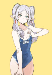 Rule 34 | 1girl, absurdres, aqua eyes, bikini, blue one-piece swimsuit, bow (bhp), breasts, closed mouth, clothes pull, earrings, elf, frieren, grey hair, highres, jewelry, long hair, looking at viewer, one-piece swimsuit, one-piece swimsuit pull, petite, pointy ears, pulling own clothes, school swimsuit, side-tie bikini bottom, simple background, small breasts, solo, sousou no frieren, swimsuit, twintails, yellow background