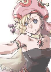 Rule 34 | 1girl, bare shoulders, blonde hair, blue eyes, breasts, cape, choker, closed mouth, earrings, final fantasy, final fantasy vi, hat, jewelry, long hair, looking at viewer, lowres, medium breasts, relm arrowny, short hair, simple background, smile, solo, strapless, white background, yokutsuki noa