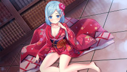 Rule 34 | 1girl, artwhirl mahou gakuen no otome-tachi, bare legs, barefoot, blue eyes, blue hair, blush, bookshelf, breasts, cleavage, closed mouth, collarbone, floral print, flower, game cg, hair flower, hair ornament, hairclip, hakuishi aoi, indoors, japanese clothes, kimono, long hair, long sleeves, parted bangs, print kimono, red flower, red kimono, sitting, small breasts, solo, wide sleeves, wisteria (artwhirl), yukata