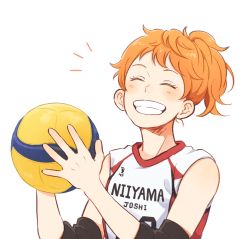 Rule 34 | 1girl, ball, blush stickers, closed eyes, commentary request, elbow pads, grin, haikyuu!!, hinata natsu, holding, holding ball, laugh 111, orange hair, ponytail, simple background, smile, solo, sportswear, teeth, upper body, volleyball, volleyball (object), volleyball uniform, white background