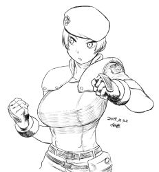 Rule 34 | 1girl, belt pouch, beret, breasts, clenched hands, dated, fingerless gloves, gloves, greyscale, hat, jill valentine, large breasts, monochrome, police badge, pouch, resident evil, resident evil 1, shirt, shoulder pads, signature, sketch, solo, t-shirt, tsukudani (coke-buta)