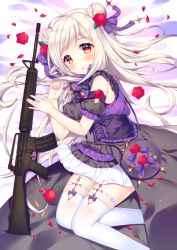 Rule 34 | 1girl, :o, ammunition, assault rifle, bare shoulders, bed sheet, blush, bow, bullet, cartridge, detached sleeves, double bun, dress, flower, from above, from behind, garter straps, gun, hair bow, hair bun, highres, lying, m16, m16a2, nail polish, natsume asato, on side, open mouth, original, petals, pink nails, puffy short sleeves, puffy sleeves, purple bow, purple dress, red eyes, red flower, red rose, rifle, rose, rose petals, see-through, short sleeves, skin tight, solo, tareme, thigh strap, thighhighs, weapon, weapon request, white thighhighs, zettai ryouiki