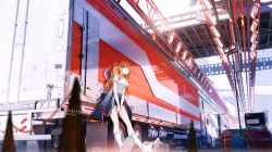 Rule 34 | 1girl, blouse, blue eyes, breasts, bridge, clothes around waist, english text, expressionless, hair between eyes, highres, interface headset, jacket, jacket around waist, leaning against vehicle, long hair, looking at viewer, medium breasts, motor vehicle, neon genesis evangelion, railing, scenery, semi truck, shirt, shorts, solo, souryuu asuka langley, thighs, trailer, tripod, truck, twintails, v arms, white shirt, ya yan