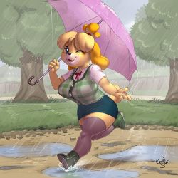 Rule 34 | 1girl, :3, animal crossing, animal ears, artist name, black thighhighs, blonde hair, blue eyes, blue skirt, blush stickers, boots, breasts, claws, dog ears, dog girl, dog tail, fang, female focus, full body, furry, furry female, grass, green footwear, green vest, grey sky, hair tie, hand up, happy, holding, isabelle (animal crossing), kevinsano, large breasts, looking at viewer, miniskirt, neck ribbon, nintendo, one eye closed, open mouth, outdoors, pencil skirt, plaid, plaid vest, puddle, rain, red ribbon, ribbon, running, shirt, short hair, short sleeves, signature, skirt, sky, smile, solo, tail, thighhighs, topknot, tree, umbrella, vest, wet, white shirt, wink, zettai ryouiki