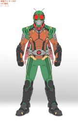 Rule 34 | 1boy, alternate color, antennae, armor, armored boots, black armor, black footwear, boots, chinese commentary, commentary request, driver (kamen rider), full body, gauntlets, green pants, highres, kamen rider, knee pads, male focus, mask, new kamen rider, orange armor, pants, red eyes, red scarf, scarf, shoulder armor, simple background, skyrider, solo, standing, white background, xiangzi box