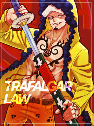 Rule 34 | 1boy, abs, bare pectorals, black hair, chest tattoo, coat, commentary request, denim, facial hair, feet out of frame, goatee, holding, holding sword, holding weapon, hood, hood up, jaguar print, jeans, long sideburns, male focus, one piece, open clothes, open coat, orange pants, pants, pectorals, sheath, short hair, sideburns, smile, solo, sword, tattoo, toned, toned male, toyoura (23066494), trafalgar law, unsheathing, weapon, yellow coat