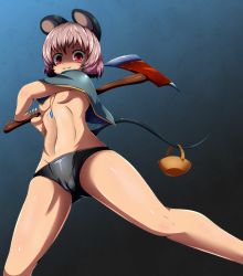 Rule 34 | 1girl, animal ears, axe, basket, breasts, buruma, cameltoe, capelet, female focus, from below, gradient background, highres, holding, holding with tail, jewelry, legs, long legs, mouse ears, mouse tail, nazrin, necklace, prehensile tail, red eyes, safurantora, shaded face, short hair, silver hair, small breasts, solo, tail, thighs, topless, touhou, underwear, underwear only, weapon, yandere