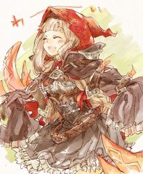 Rule 34 | 1girl, ^ ^, belt, blonde hair, blunt bangs, claws, closed eyes, collared shirt, corset, dress, excited, hair ribbon, hood, hood up, long hair, long sleeves, open mouth, petticoat, red riding hood (sinoalice), ribbon, shirt, sidelocks, simple background, sino nb3, sinoalice, sketch, solo