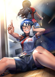 Rule 34 | ^ ^, black hair, black shorts, blouse, blue skirt, breasts, closed eyes, commentary request, donarudo, dual persona, glasses, grin, hand on own head, hand up, highres, idolmaster, idolmaster million live!, idolmaster million live! theater days, index finger raised, jacket, legs, lesson wear (idolmaster million live!), long hair, low twintails, medium breasts, mirror, mirror image, on floor, pleated skirt, print skirt, red jacket, shiny trinity (idolmaster), shirt, shorts, sitting, skirt, smile, spread legs, t-shirt, takayama sayoko, thighs, towel, training room, twintails, white shirt, wristband