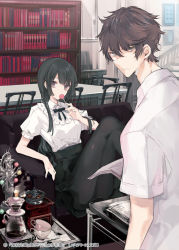 Rule 34 | 1boy, 1girl, black hair, black pantyhose, black ribbon, black skirt, book, bookshelf, candy, chair, cierra (ra-bit), closed mouth, coffee maker, couch, cover, cover page, cup, food, from behind, grey eyes, holding, holding book, holding food, indoors, lollipop, long hair, neck ribbon, novel cover, novel illustration, official art, pantyhose, puffy short sleeves, puffy sleeves, purple eyes, ribbon, shirt, short hair, short sleeves, skirt, stairs, table, tantei senpai to boku no fukanzen&#039;na jiken-bo, white shirt