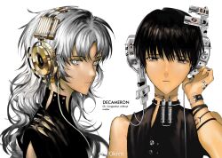 Rule 34 | 2girls, absurdres, bare shoulders, black eyes, black hair, black shirt, bracelet, cable, character request, closed mouth, copyright request, english text, grey hair, half-closed eyes, hand up, headgear, headphones, highres, jewelry, long hair, looking at viewer, multiple girls, satou koromi, shirt, short hair, simple background, sleeveless, sleeveless shirt, tan, upper body, wavy hair, weibo logo, weibo watermark, white background, white eyes