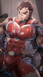 Rule 34 | akashi (live a hero), bara, bodysuit, brown hair, bukkake, bulge, covered abs, covered navel, cum, cum on body, cum on male, cum on pectorals, disembodied penis, erection, facial, facial hair, feet out of frame, goatee, group sex, highres, invisible man, large bulge, large pectorals, live a hero, long sideburns, male focus, mmm threesome, muscular, muscular male, nipples, orange (agnimon11803164), pectorals, penis, red bodysuit, red eyes, scar, scar on face, scar on nose, short hair, sideburns, solo focus, thick eyebrows, thick thighs, thighs, threesome, yaoi