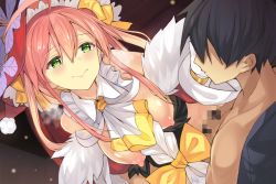Rule 34 | 1boy, 1girl, ascot, black hair, blush, bow, breasts, censored, closed mouth, dreamlight2000, faceless, faceless male, flower knight girl, game cg, girl on top, gloves, green eyes, hand on another&#039;s face, hat, hetero, long hair, medium breasts, mosaic censoring, nipples, official art, penis, pink hair, saffron (flower knight girl), sex, shiny skin, vaginal, white gloves, wince, yellow bow