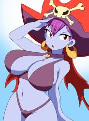 Rule 34 | 1girl, alternate breast size, bikini, breasts, cleavage, colored skin, hat, highres, huge breasts, looking at viewer, navel, open mouth, pirate, pirate hat, purple bikini, purple hair, purple skin, red eyes, risky boots, salute, shantae (series), solo, swimsuit, thick thighs, thighs