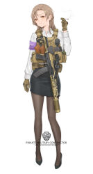 Rule 34 | 1girl, absurdres, ammunition pouch, arm at side, armband, assault rifle, belt, black footwear, black pantyhose, black skirt, body armor, brown belt, brown eyes, brown gloves, brown hair, bulletproof vest, cable, cigarette, collared shirt, earrings, english text, eotech, escape from tarkov, full body, gloves, gun, highres, holding, jewelry, kalashnikov rifle, load bearing vest, logo, long hair, long sleeves, looking away, magazine (weapon), mole, mole under eye, office lady, optical sight, original, pantyhose, parted bangs, parted lips, pencil skirt, bulletproof vest, pouch, purple armband, rifle, shirt, simple background, skirt, smoking, solo, somnuss, standing, stud earrings, utility belt, walkie-talkie, weapon, weapon request, white background, white shirt